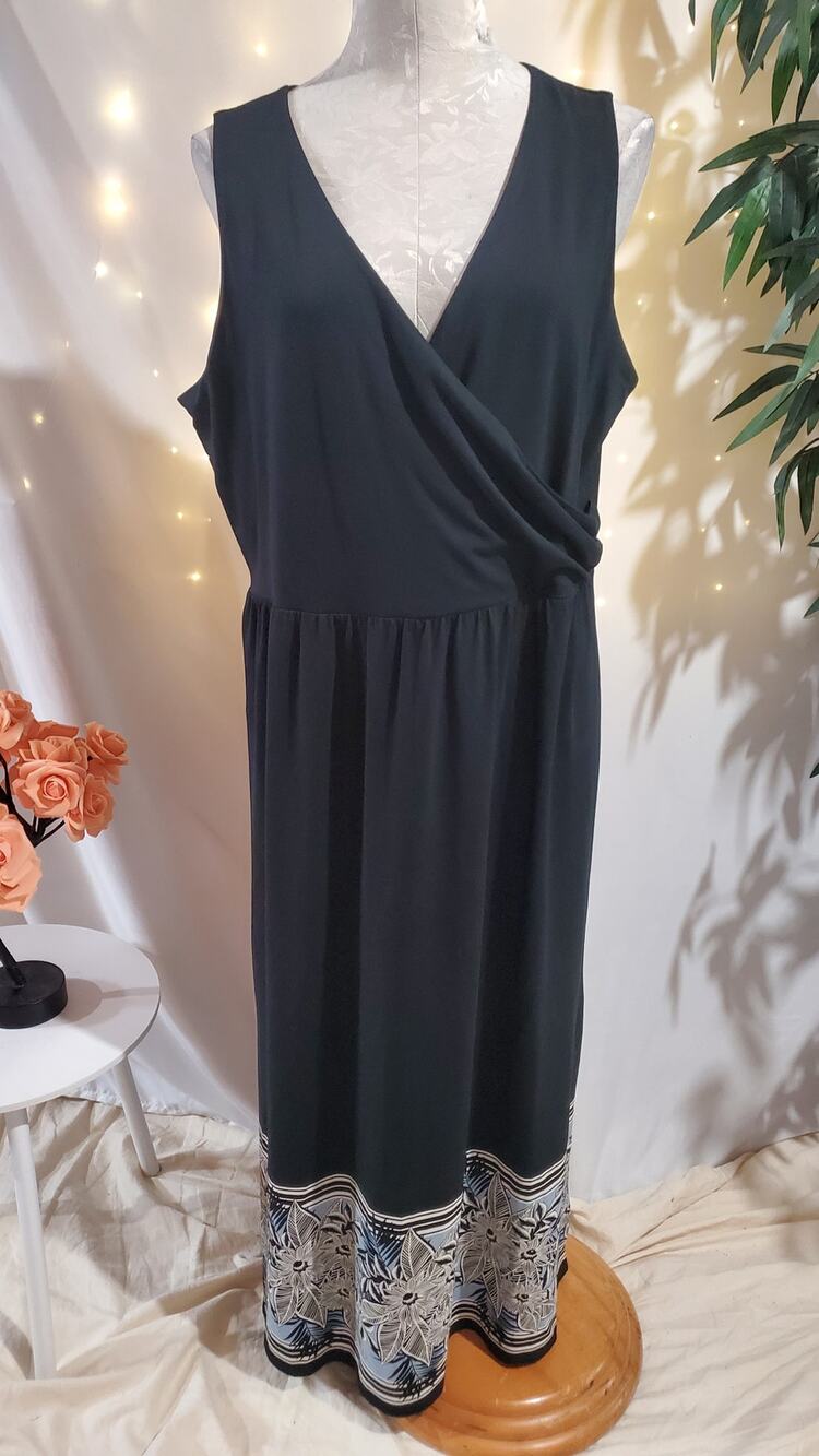 J Jill Wearever Collection Crossover Neck Stretch Knit Maxi Floral Trim Dress L